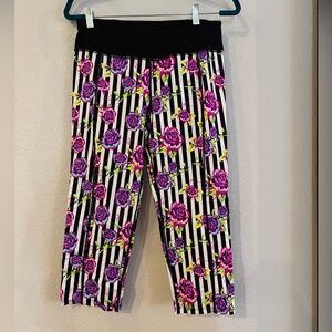 Betsey Johnson Black and White Stripe Pink Floral Leggings Large